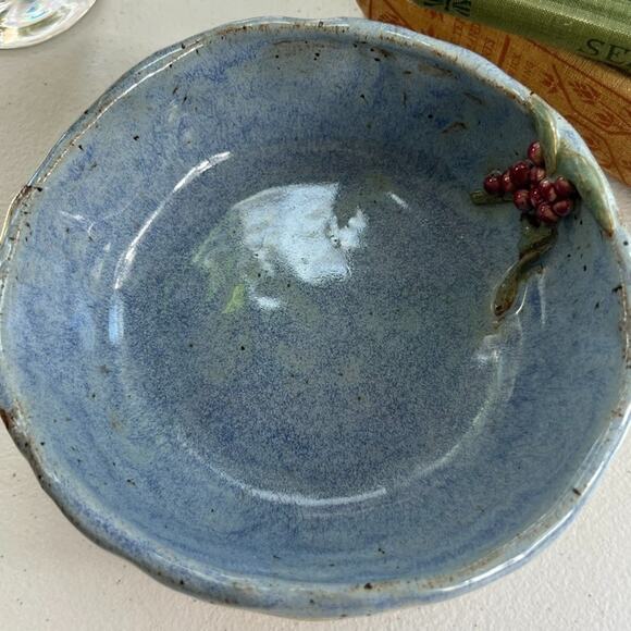 Handcrafted Bowl With 3D Grapes 6" Blue and Beige Stoneware Pottery Signed Jann - Picture 2 of 9